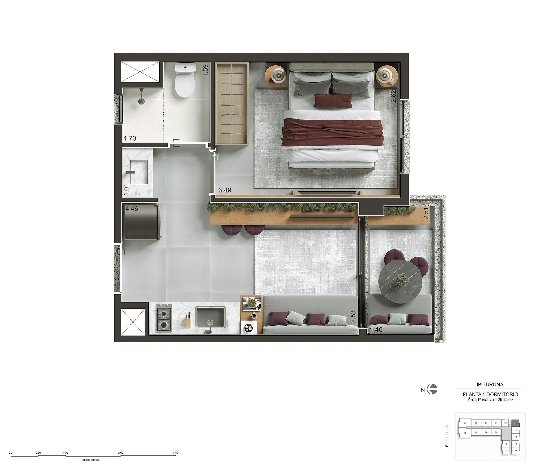 Perspectiva artística do apartamento de 29m² com 1 dorm - Final 10